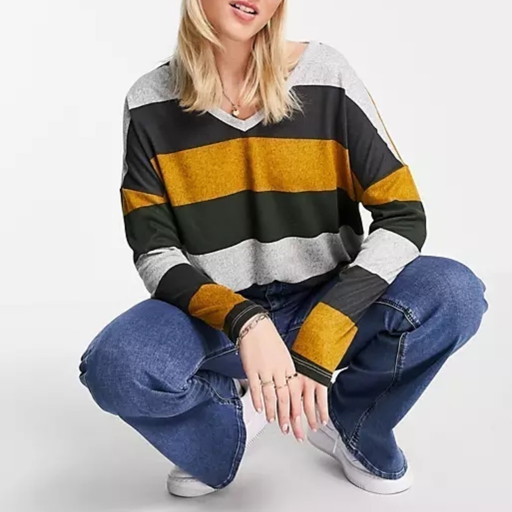 JDY Jacqueline de Yong Tonsy V Neck Long Sleeve Jersey Top Color Block Medium